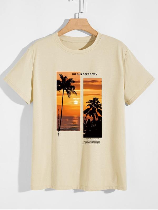 Men's Regular Fit Landscape Print Round Neck Tee, Coconut Tree Print Short Sleeve Crew Neck T-Shirt for Summer, Casual...