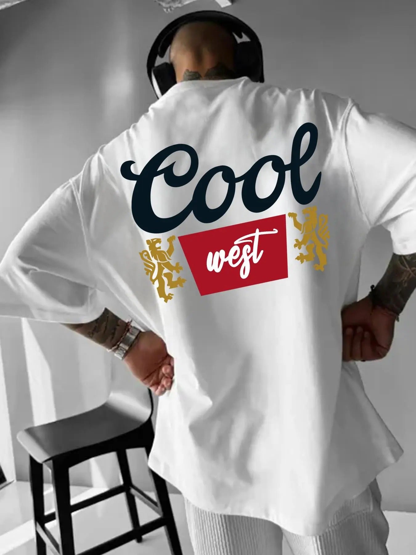 Men's Regular Fit Letter & Animal Print Drop Shoulder Tee, Casual Comfy Round Neck Half Sleeve T-shirt for Summer,...