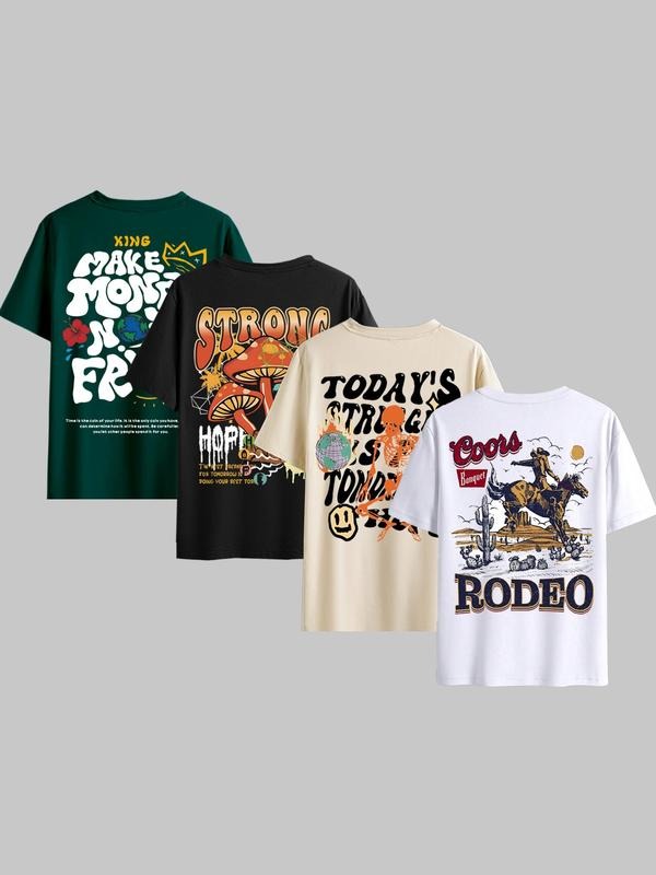 Men's Regular Fit Letter & Cowboy & Floral & Mushroom Print Tee, Casual Short Sleeve Round Neck T-shirt for Summer, Men's...