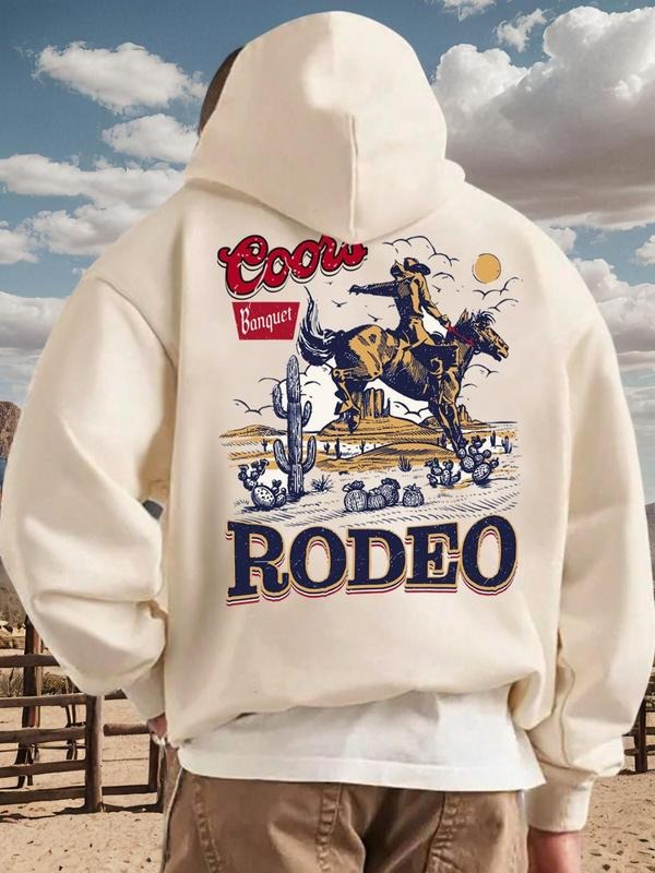 Men's Regular Fit Letter & Cowboy Print Hoodie, Casual Graphic Hooded Sweatshirt for Fall & Winter, Men's Top for Daily...