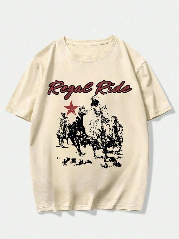 Men's Regular Fit Letter & Cowboy Print Round Neck Graphic Tee, Vintage Trendy Casual Short Sleeve T-shirt for Daily...