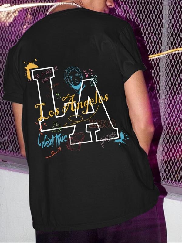 Men's Regular Fit Letter & Graffiti Print Round Neck Graphic Tee, Casual Short Sleeve T-shirt for Daily Wear, Men's Top...