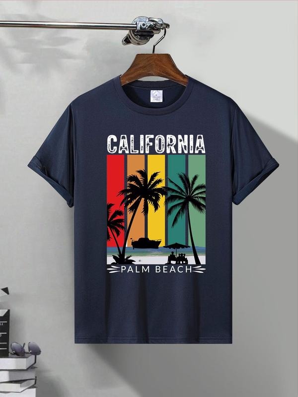 Men's Regular Fit Letter & Palm Tree Print Round Neck Graphic Tee, Casual Short Sleeve T-shirt for Summer, Men's Top for...