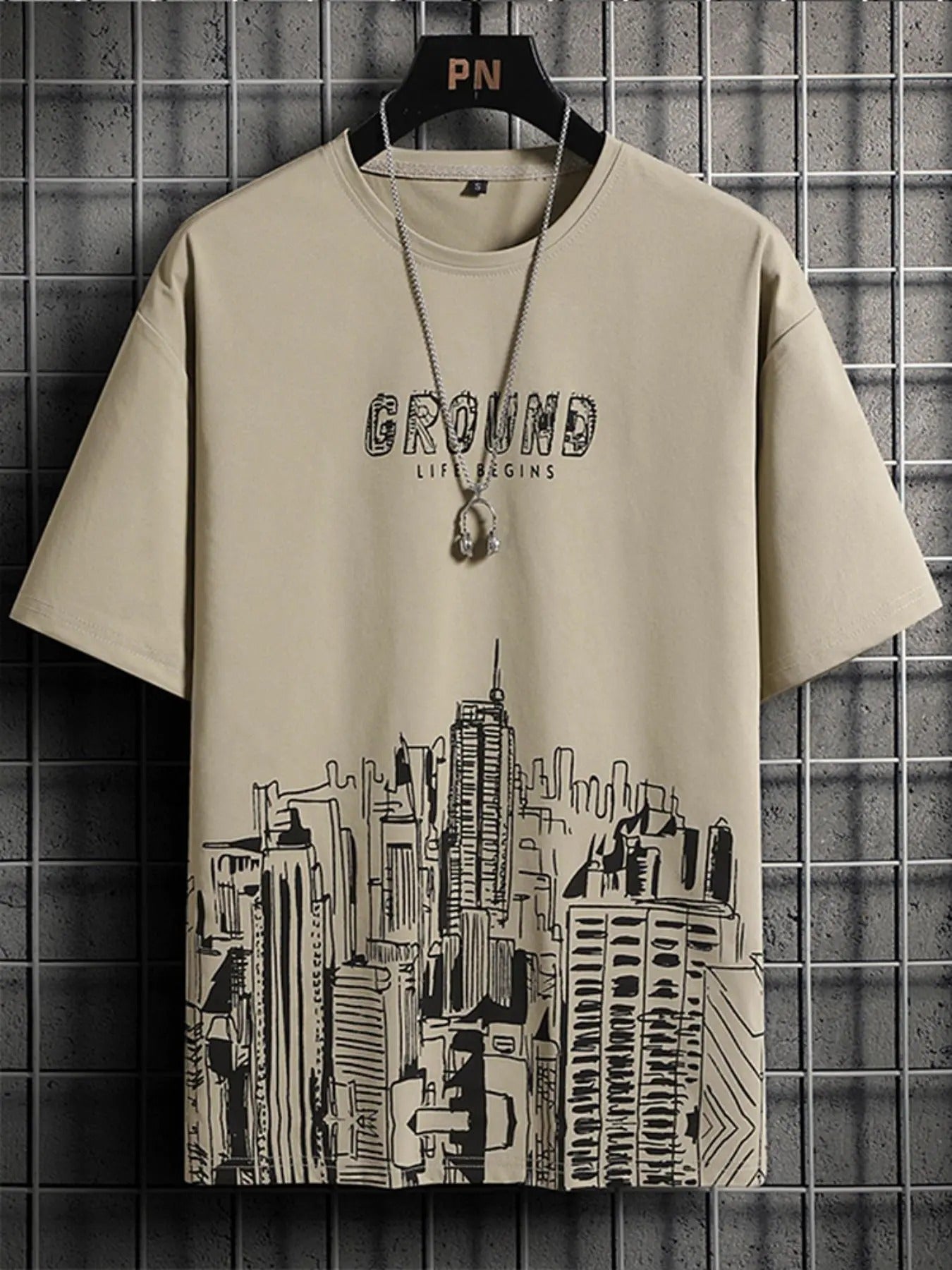 Men's Regular Fit Letter Graphic Round Neck Drop Shoulder Tee without Necklace, Casual Short Sleeve Crew Neck T-shirt for...