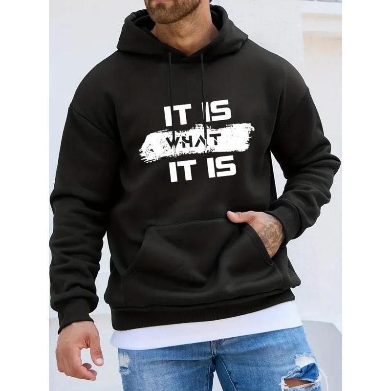 Men's Regular Fit Letter Print Drawstring Hoodie, Casual Pocket Hooded Sweatshirt for Fall & Winter, Men's Top for Daily...