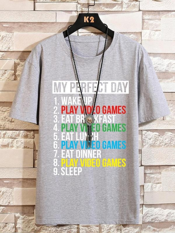 Men's Regular Fit Letter Print Drop Shoulder Tee without Necklace, Casual Short Sleeve Round Neck T-shirt for Summer,...