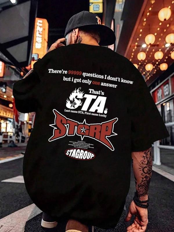 Men's Regular Fit Letter Print Drop Shoulder Tee, Casual Streetwear Half Sleeve Round Neck T-shirt for Daily Wear,...