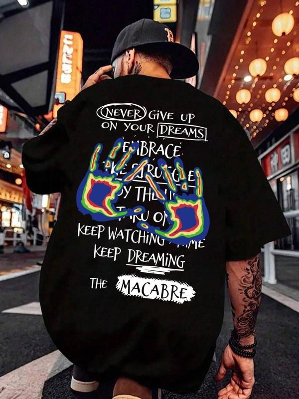 Men's Regular Fit Letter Print Drop Shoulder Tee, Casual Streetwear Half Sleeve Round Neck T-shirt for Summer, Menswear...