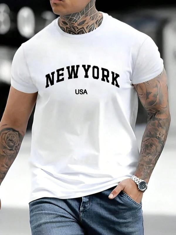 Men's Regular Fit Letter Print Round Neck Tee, Casual Short Sleeve Crew Neck T-Shirt for Summer, Fashion Men's Top for...