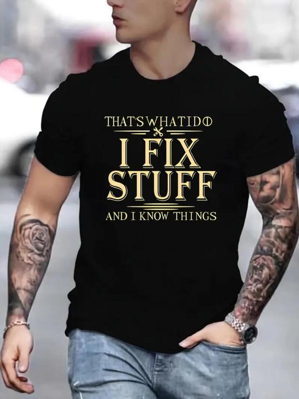Men's Regular Fit Letter Print Round Neck Tee, Short Sleeve Crew Neck T-Shirt, Casual Summer Top for Men Hoodie, Sweatshirt