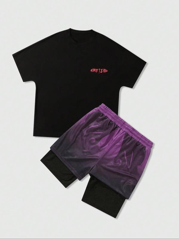 Men's Regular Fit Letter Print Short Sleeve Tee & Shorts Loungewear, Casual Comfy Round Neck T-Shirt & Shorts PJ Set,...