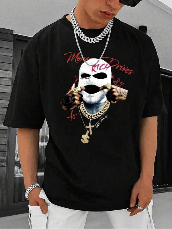 Men's Regular Fit Mask & Letter Print Round Neck Graphic Tee, Casual Short Sleeve Crew Neck T-shirt for Daily Wear,...