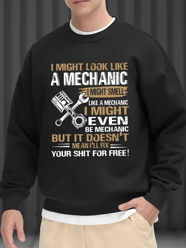 Men's Regular Fit Mechanic Print Drop Shoulder Sweatshirt, Casual Long Sleeve Round Neck Pullover for Fall & Winter,...