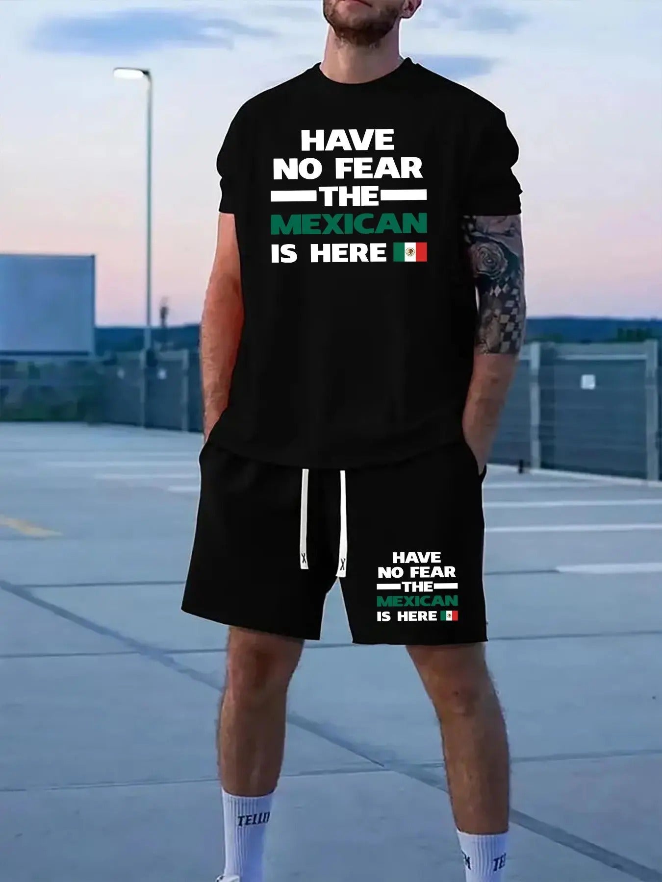 Men's Regular Fit Mexican Flag Print Short Sleeve Graphic Tee & Shorts Set, Casual Round Neck T-shirt & Shorts, Men's...