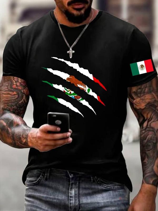 Men's Regular Fit Mexico Flag & Paw Print Round Neck Tee, Casual Short Sleeve Crew Neck T-Shirt for Summer, Fashion Men's...