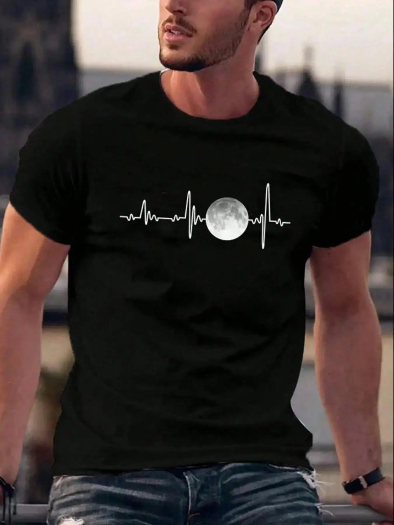 Men's Regular Fit Moon Print Round Neck Tee, Casual Comfy Short Sleeve T-shirt for Summer, Fashion Men's Top for Daily...