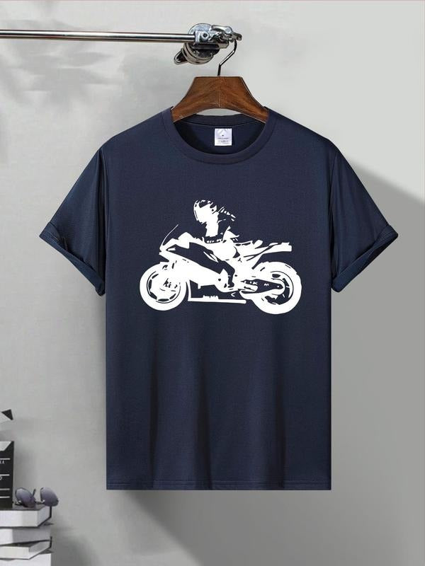 Men's Regular Fit Motorcycle & Letter Print Round Neck Graphic Tee, Casual Short Sleeve T-shirt for Summer, Menswear for...