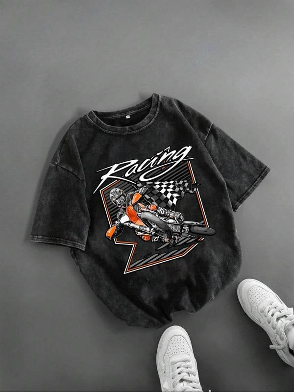 Men's Regular Fit Motorcycle & Letter Print Round Neck Graphic Tee, Vintage Trendy Casual Short Sleeve T-shirt for Daily...