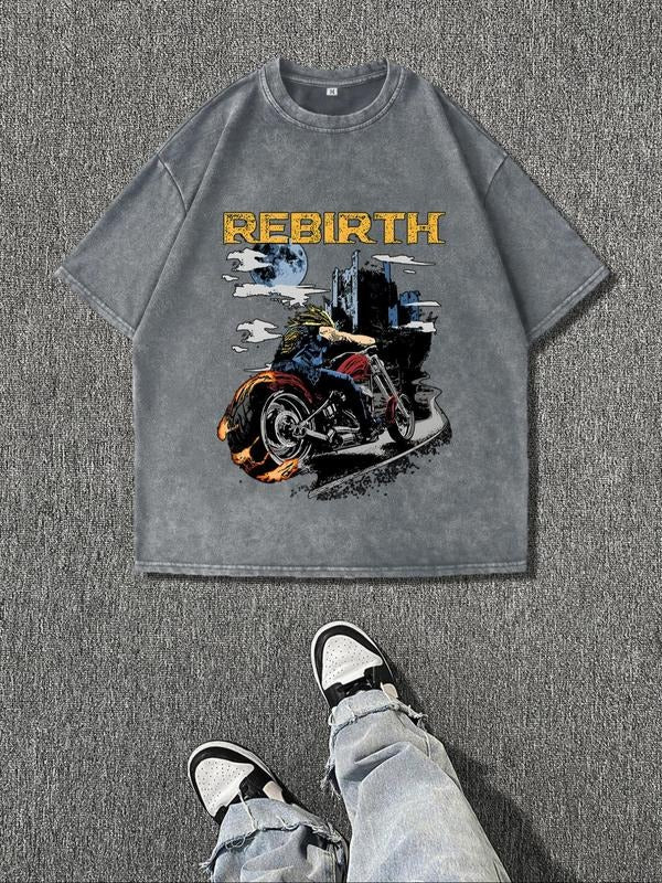 Men's Regular Fit Motorcycle & Letter Print Round Neck Graphic Tee, Vintage Trendy Casual Short Sleeve T-shirt for Daily...