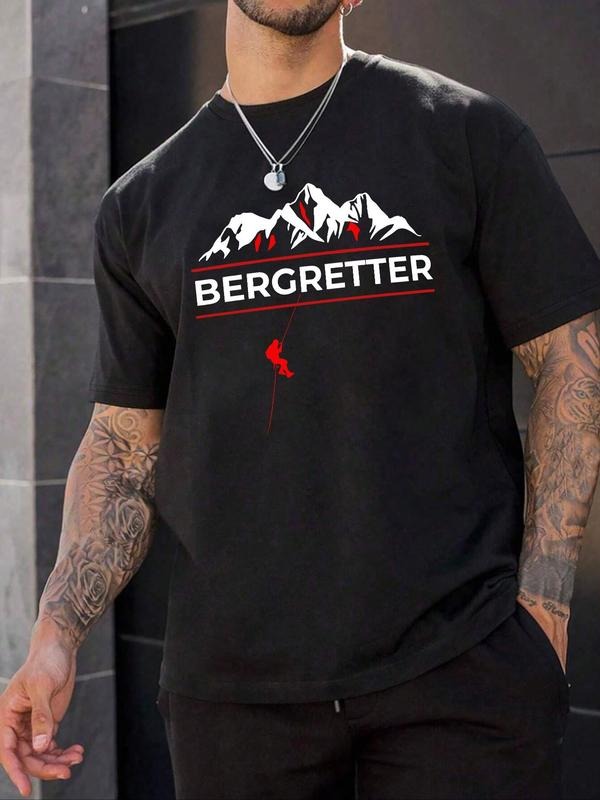 Men's Regular Fit Mountain & Letter Print Round Neck Graphic Tee, Casual Short Sleeve T-shirt for Outdoor Daily Wear,...