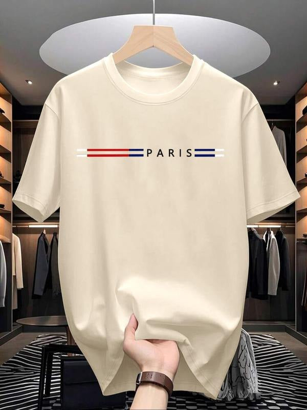 Men's Regular Fit Paris Letter Print Round Neck Tee, Casual Short Sleeve Crew Neck T-Shirt for Summer, Fashion Men's Top...