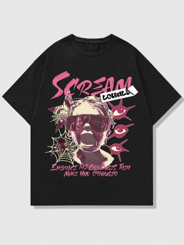 Men's Regular Fit Pop Art Print Drop Shoulder Tee, Casual Comfy Letter Graphic Short Sleeve Round Neck T-shirt for...