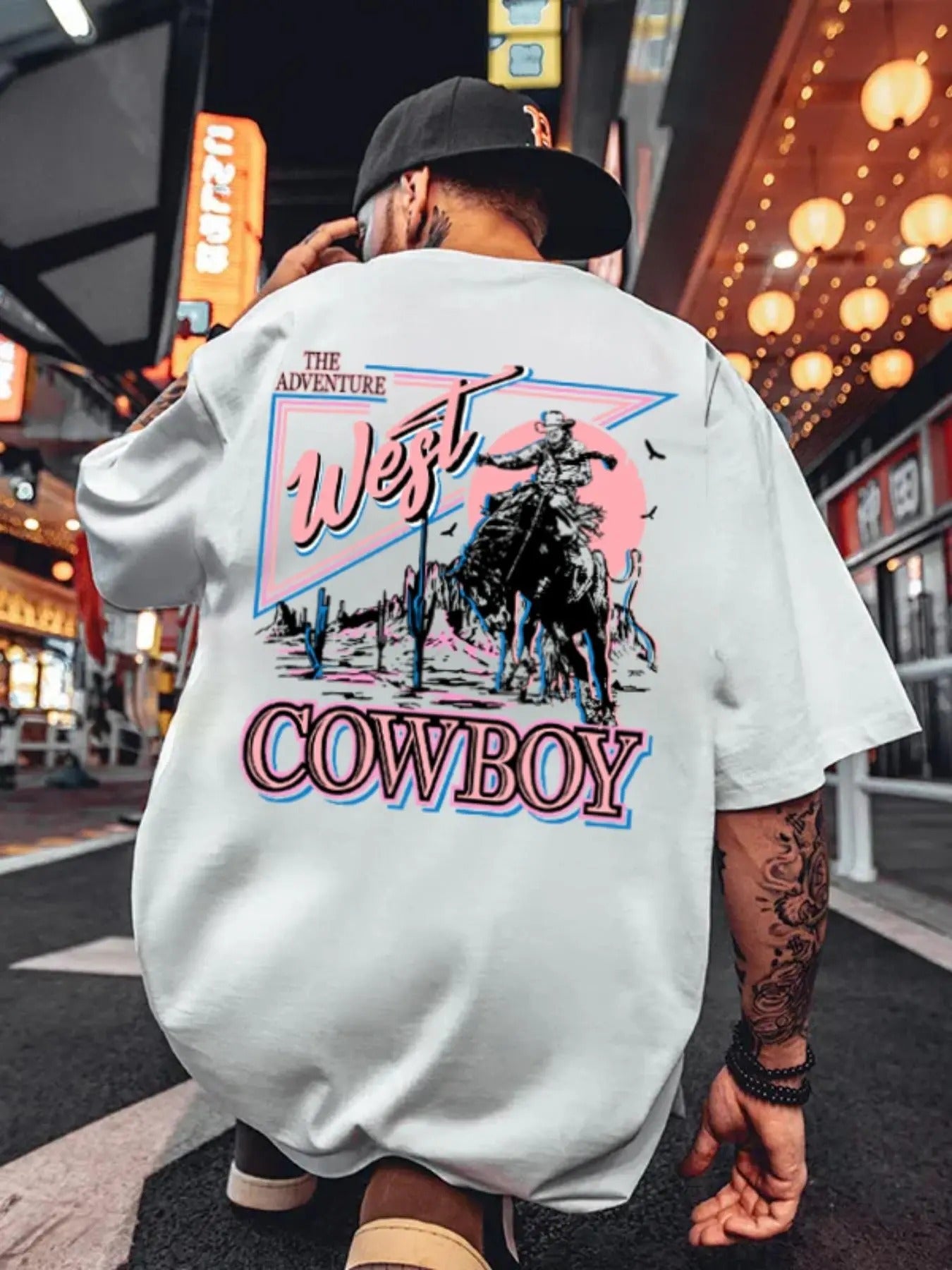 Men's Regular Fit Rodeo Cowboy & Letter Print Drop Shoulder Tee, Casual Comfy Half Sleeve Round Neck T-Shirt for Summer,...