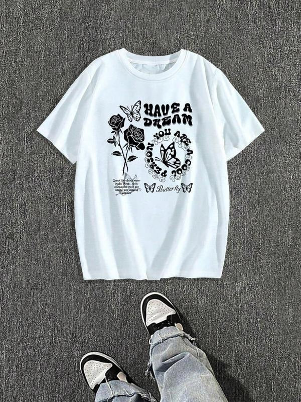 Men's Regular Fit Rose & Letter Print Round Neck Graphic Tee, Casual Short Sleeve T-shirt for Daily Wear, Men's Top for...