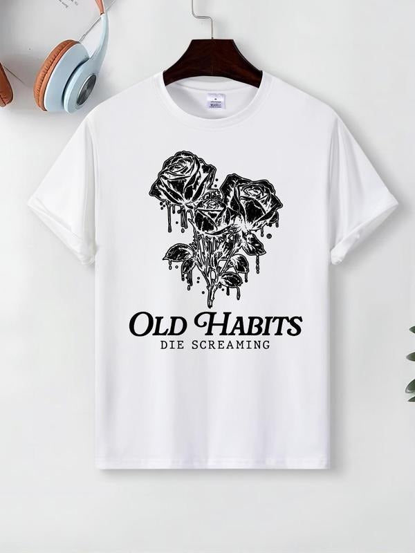 Men's Regular Fit Rose & Letter Print Round Neck Tee, Casual Short Sleeve Crew Neck T-shirt for Summer, Fashion Men's Top...