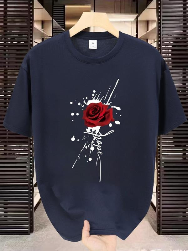Men's Regular Fit Rose & Splash Ink Print Round Neck Tee, Casual Short Sleeve Crew Neck T-shirt for Summer, Fashion Men's...