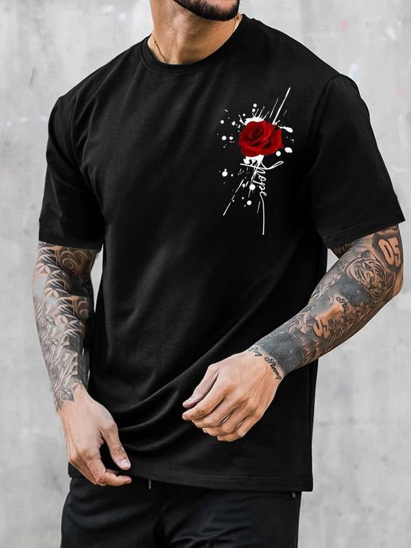 Men's Regular Fit Rose Print Round Neck Tee, Casual Short Sleeve Crew Neck T-Shirt for Summer, Fashion Men's Top for...