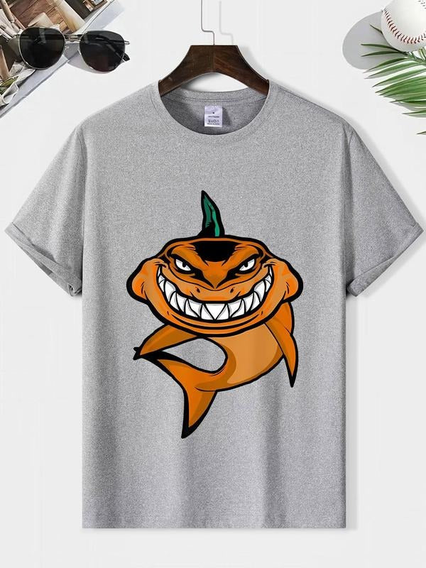 Men's Regular Fit Shark Print Round Neck Tee, Casual Short Sleeve Crew Neck T-Shirt for Summer, Fashion Men's Top for...