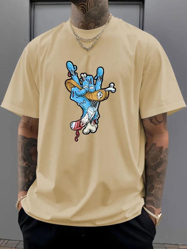 Men's Regular Fit Skateboard & Skeleton Hand Print Round Neck Graphic Tee, Casual Short Sleeve T-shirt for Daily Wear,...