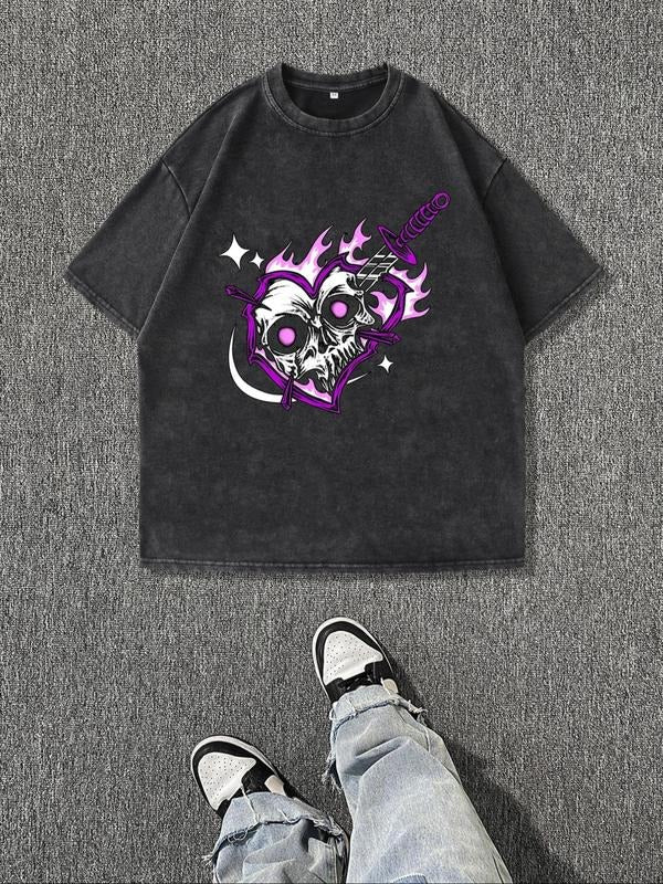 Men's Regular Fit Skull & Heart Print Round Neck Tee, Vintage Trendy Casual Short Sleeve T-shirt for Daily Wear, Ladies...