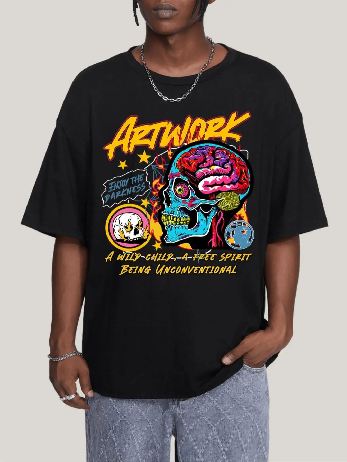 Men's Regular Fit Skull & Letter Print Drop Shoulder Tee, Casual Comfy Round Neck Half Sleeve T-Shirt for Summer, Fashion...