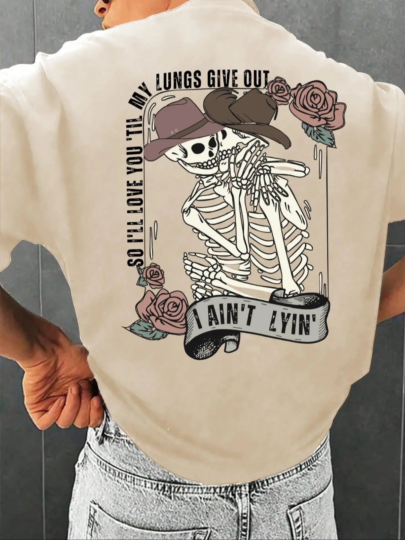 Men's Regular Fit Skull & Letter Print Drop Shoulder Tee, Casual Comfy Round Neck Short Sleeve T-Shirt for Summer,...