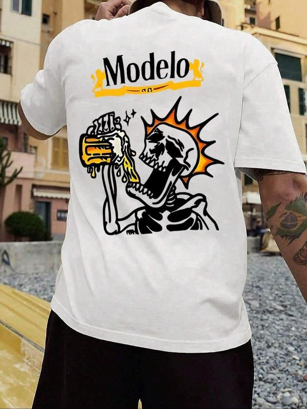 Men's Regular Fit Skull & Sun Print Round Neck Graphic Tee, Casual Short Sleeve T-shirt for Daily Wear, Men's Top for All...