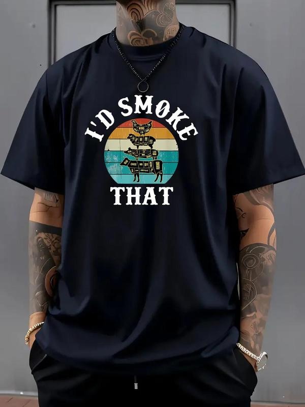 Men's Regular Fit Smoke & Letter Print Round Neck Graphic Tee, Casual Short Sleeve Crew Neck T-shirt for Daily Wear,...