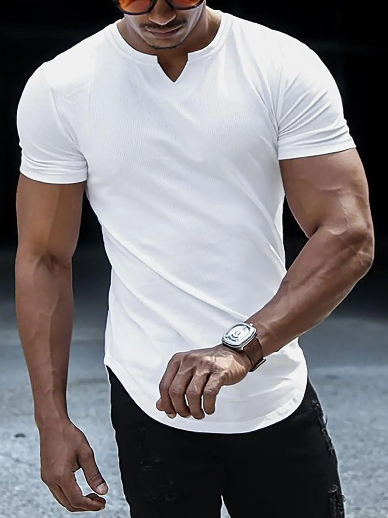 Men's Regular Fit Solid Notched Neck Tee, Casual Short Sleeve T-Shirt for Summer, Men's Top for Daily Wear Hoodie, Sweatshirt