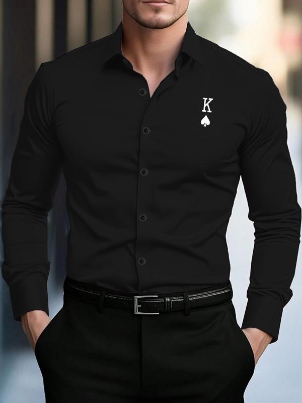 Men's Regular Fit Spade & Ace Print Long Sleeve Shirt, Casual Comfy Button Design Collared Top for Business Formal...