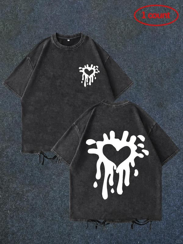 Men's Regular Fit Splash Ink & Heart Print Short Sleeve Tee, Casual Comfy Round Neck T-shirt for Daily Wear, Men's Top...