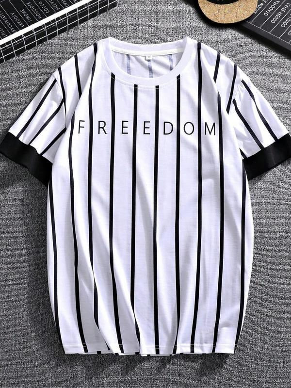 Men's Regular Fit Striped Print Contrast Trim Tee, Casual Comfy Short Sleeve T-shirt for Daily Wear, Men's Sleepwear &...