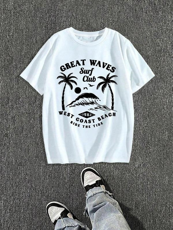 Men's Regular Fit Surfing & Mountain Print Round Neck Graphic Tee, Casual Short Sleeve T-shirt for Daily Wear, Men's Top...