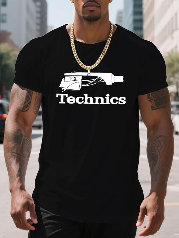 Men's Regular Fit Technics Letter Print Round Neck Tee, Casual Short Sleeve Crew Neck T-shirt for Daily Wear, Men's Top...