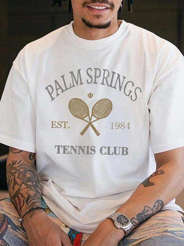 Men's Regular Fit Tennis Racket Print Round Neck Tee, Casual Short Sleeve Crew Neck T-shirt for Summer, Fashion Men's Top...