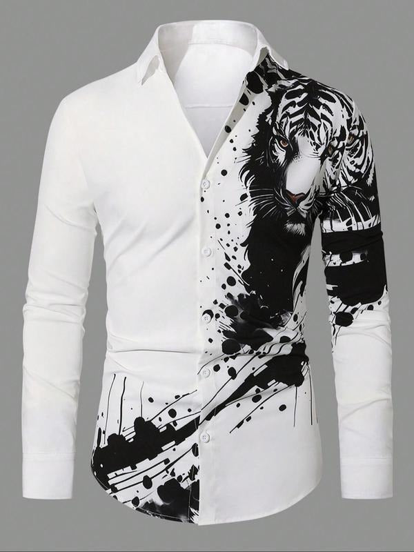 Men's Regular Fit Tiger Print Curved Hem Shirt, Casual Comfy Short Sleeve Collared Top for Daily Wear, Men's Sleepwear &...