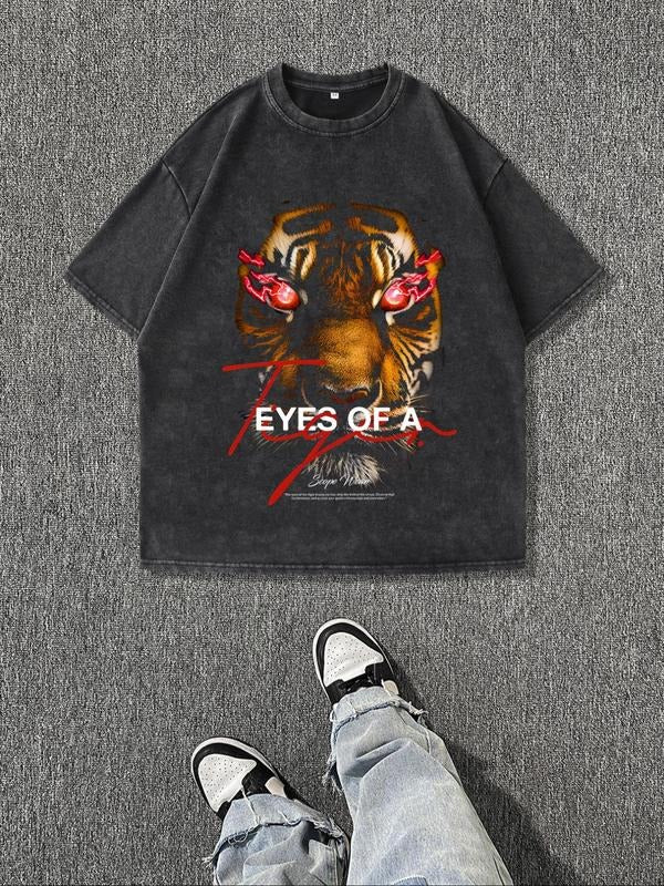Men's Regular Fit Tiger Print Round Neck Graphic Tee, Vintage Trendy Casual Short Sleeve T-shirt for Daily Wear, Menswear...