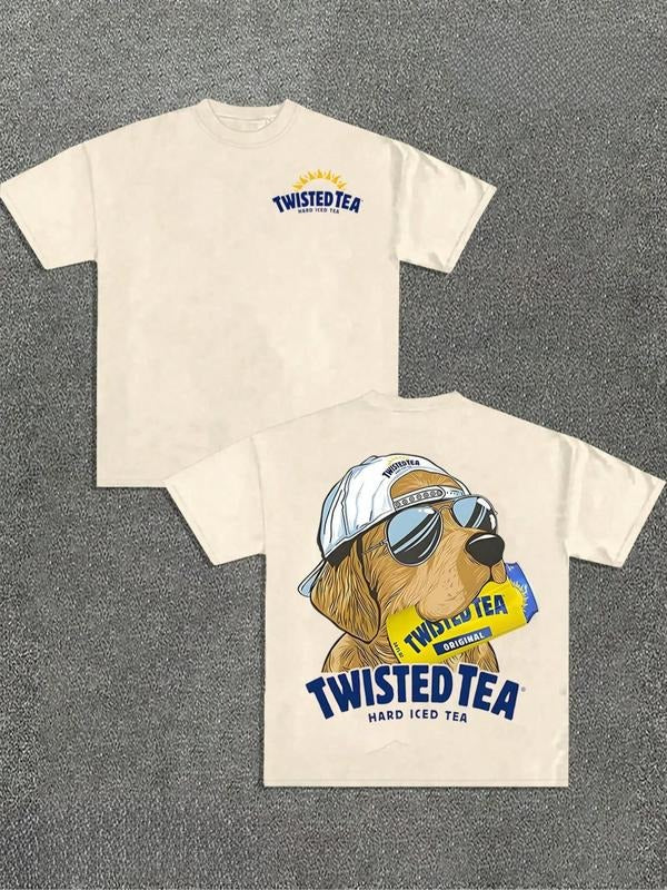 Men's Regular Fit Twisted Tea & Dog Print Round Neck Tee, Street Fashion Casual Short Sleeve T-Shirt for Daily Wear,...