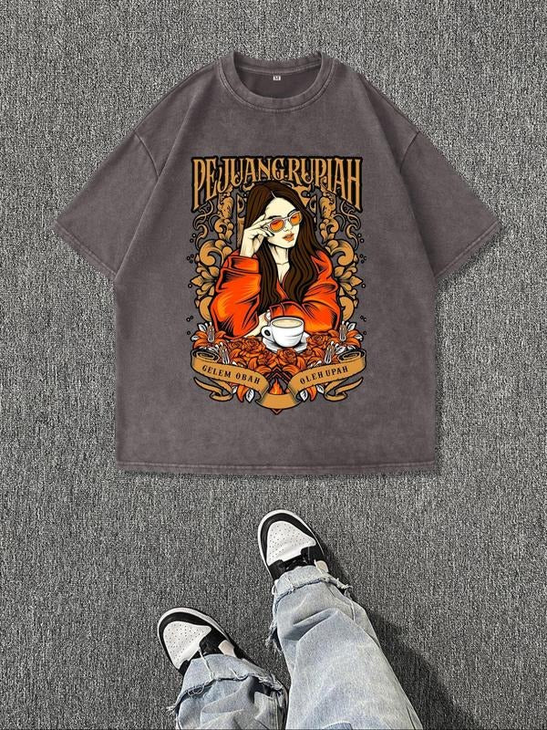 Men's Regular Fit Vintage Graphic Print Round Neck Tee, Casual Short Sleeve T-shirt for Summer, Men's Top for Daily Wear,...