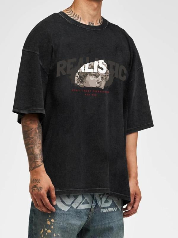 Men's Regular Fit Wash Graphic Print Round Neck Tee, Casual Short Sleeve T-shirt for Summer, Men's Top for Daily Wear,...